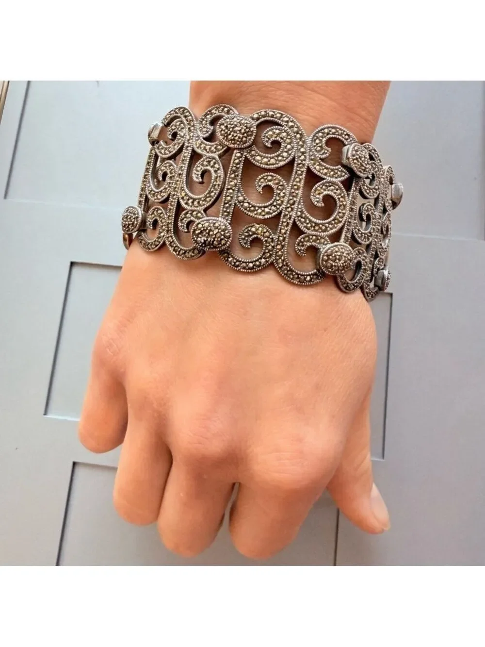 HUGE Masterpiece Marcasite Scroll Panel Sterling Silver Bracelet Signed Vintage